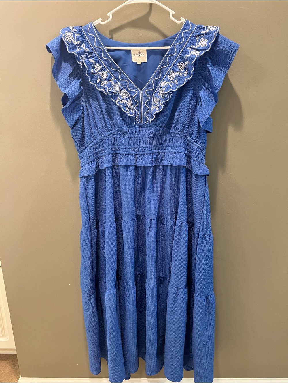 Umgee Blue Embroidered V-Neck Dress